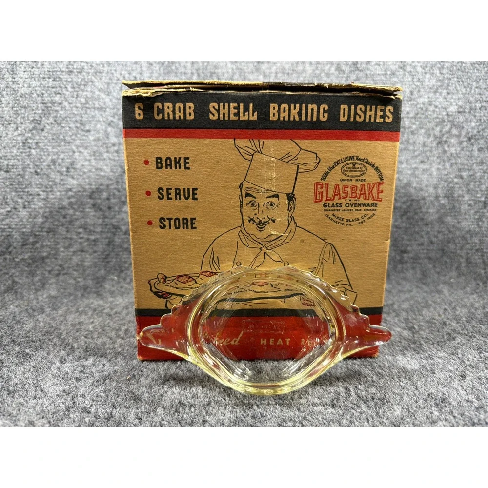 Vintage Glasbake Crab Shell Baking Dishes Set of 6 McKee Glass Co Clear Boxed